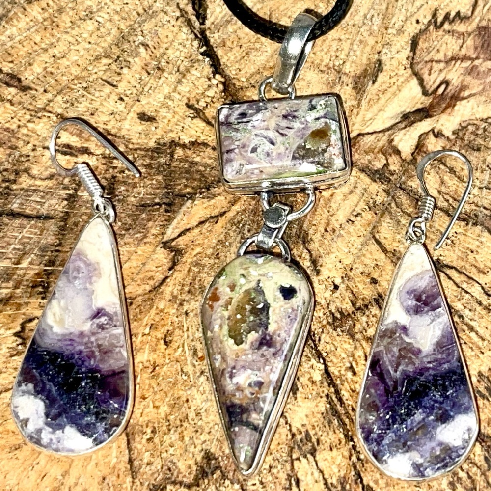 Opalized Fluorite Pendant & Earrings